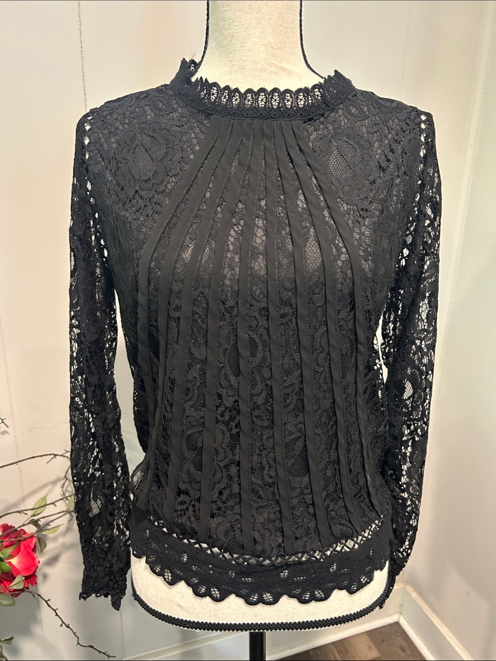 Black Lace Pleated Front Long-Sleeve Blouse